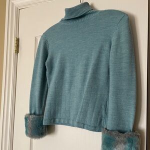 Vintage turquoise cyan blue turtleneck sweater with sequins and real fur sleeves